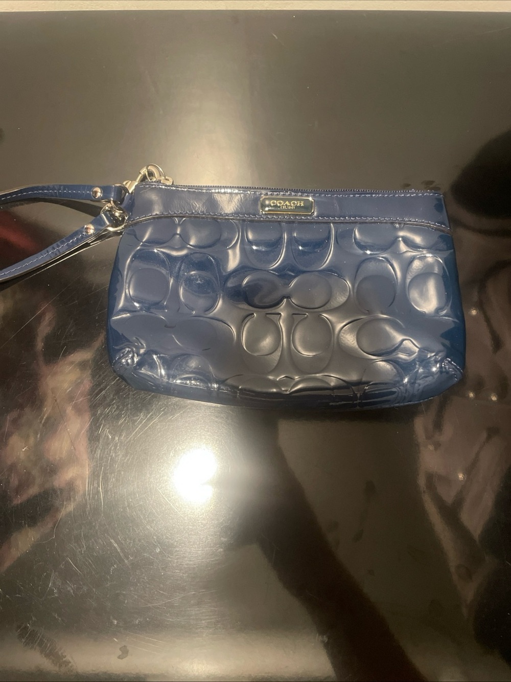 COACH‎ Navy Signature Patent Leather Wristlet